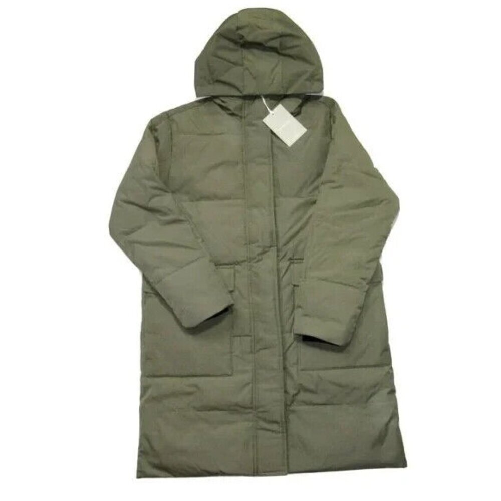 NWT Everlane The ReNew Long Puffer in Kalamata Green Primaloft Hooded Coat XS